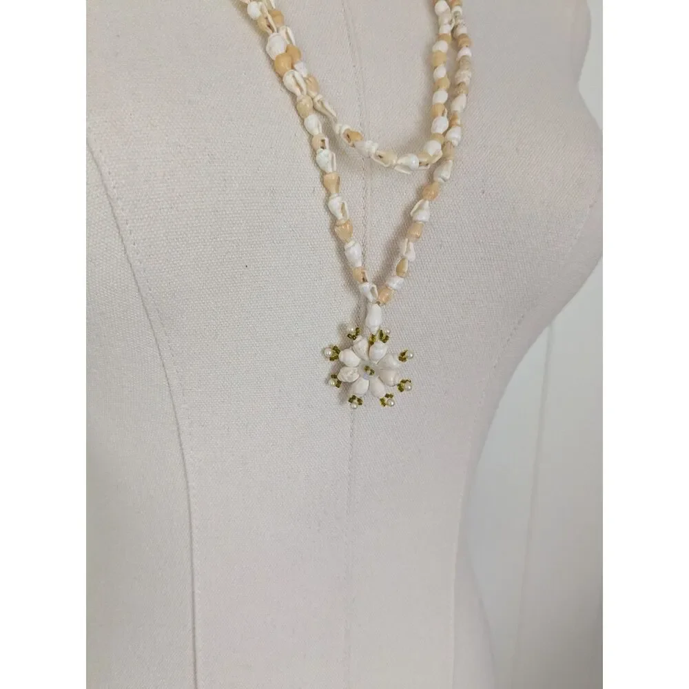 Extra long vintage mini conch shell necklace with shell pendant - 1970's